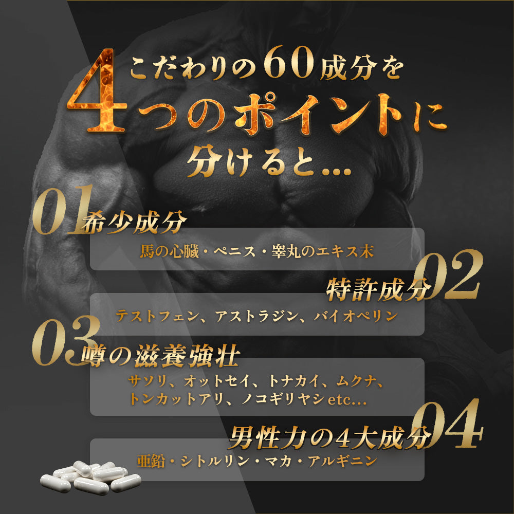 【男性妊活】1粒に60成分 亜鉛15mg シトルリン アルギニン マカ サソリ 馬 オットセイ トナカイ トンカットアリ ニンニク ガラナ ノコギリヤシ 牡蠣 ヒハツ 高麗人参フェヌグリーク ムクナ サソリ エゾウコギ 厳選成分配合 サプリ GMP認定国内生産