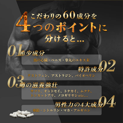 【男性妊活】1粒に60成分 亜鉛15mg シトルリン アルギニン マカ サソリ 馬 オットセイ トナカイ トンカットアリ ニンニク ガラナ ノコギリヤシ 牡蠣 ヒハツ 高麗人参フェヌグリーク ムクナ サソリ エゾウコギ 厳選成分配合 サプリ GMP認定国内生産